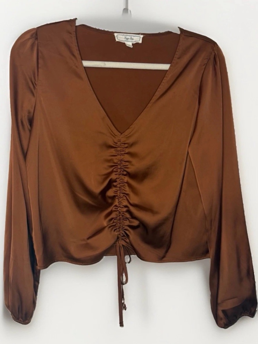 Rust Satin Ruched V-Neck Long Sleeve Top
